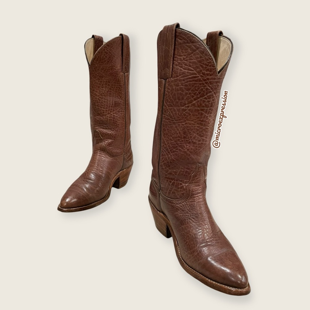 1980s VINTAGE Frye Real Leather Pull On Grainy Brown Pull On Western Cowboy Boot - Picture 15 of 16